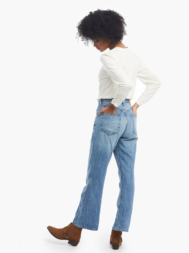 Model wearing Whitney boyfriend jeans with brown boots